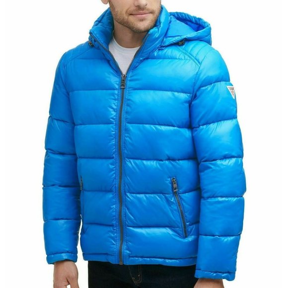 Guess Other - GUESS Mens Medium Hooded Nylon Puffer Coat Aqua Blue $225